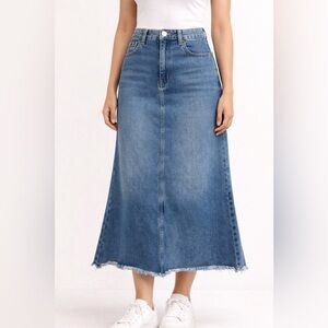 DAZY Denim Midi Skirt Size S High Waist Raw Hem Flare Casual Blue